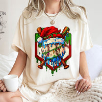 Santa Hat Drip Sports Graphic Tee, Christmas Baseball T-Shirt, Holiday Baseball Bats Shirt, Festive Athletic Crew Tee, Baseball Fan Present