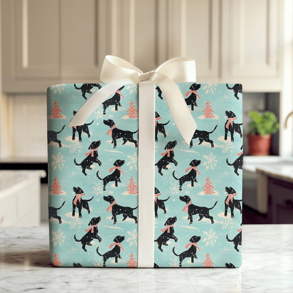 Winter Dog Holiday Gift Wrap, Black Labrador Wrapping Paper, Adorable Pink Scarf Lab Wrapping Paper, Dog Lover Christmas Gift