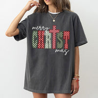 Plaid Pattern Religious Graphic Tee, Merry Christmas Cross T-Shirt, Christian Holiday Faith Shirt, Xmas Church Group Present
