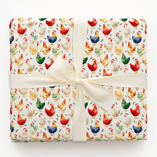 Watercolor Rooster Holiday Gift Wrap, Christmas Chicken Wrapping Paper, Santa Hat Farmhouse Animal Wrapping Paper, Farmer Xma