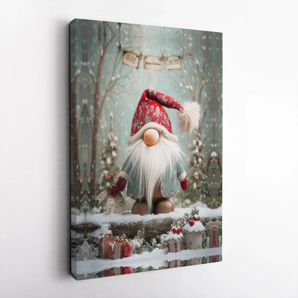 Snowy Winter Woodland Scene Canvas Print, Christmas Gnome Canvas Wall Art, Festive Holiday Wall Decor, Nordic Gnome Xmas Home