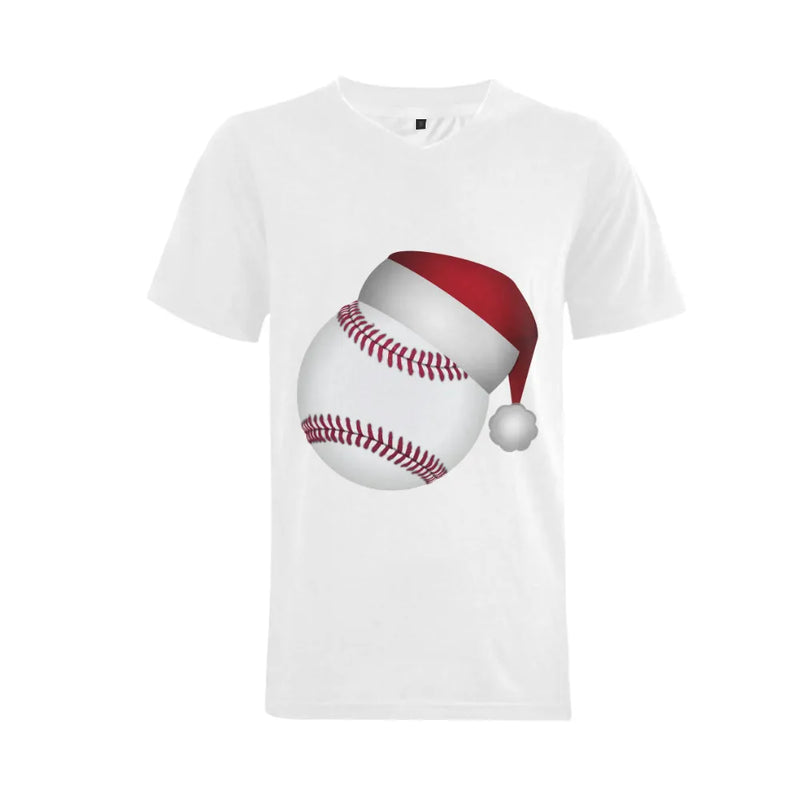 Sports Holiday V-Neck Shirt, Baseball Santa Hat Christmas T-Shirt, Humorous Baseball Player Tee, Winter Game Day Top, Mens Big and Tall Shirt