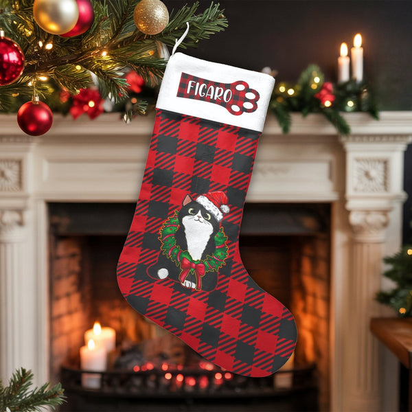 Personalized Buffalo Plaid Stocking, Tuxedo Cat Christmas Stocking, Pet Lover Christmas Stocking, Custom Red Plaid Holiday De