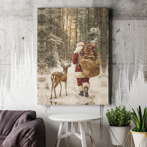 Snowy Winter Forest Canvas Art, Santa Claus and Reindeer Canvas, Festive Christmas Wall Art, Holiday Season Canvas Print, Xma