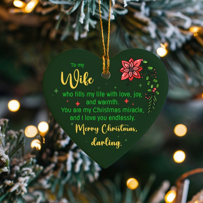 Poinsettia Ceramic Christmas Ornament, To My Wife Heart Ornament, Romantic Holiday Keepsake, Wife Tree Ornament, Meaningful Present for Her
