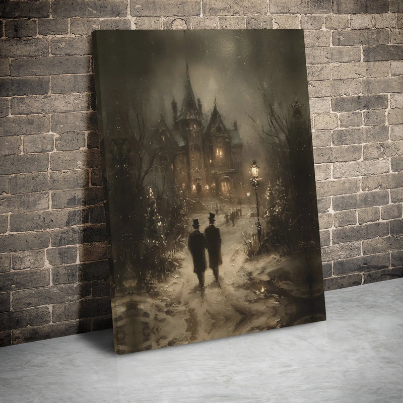 Snowy Winter Estate Canvas Print, Victorian Christmas Canvas Art, Vintage Holiday Manor Canvas Decor, Nostalgic Xmas Wall Art