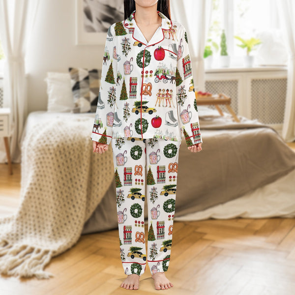 New York City Holiday Pajama Set, NYC Christmas Satin Pajamas, Festive City Sleepwear Set, Winter Holiday Loungewear, Present