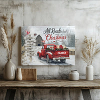 Red Truck Winter Farmhouse Wall Art, Custom Family Name Christmas Canvas, Personalized Holiday Decor, Rustic Winter Wonderland Present
