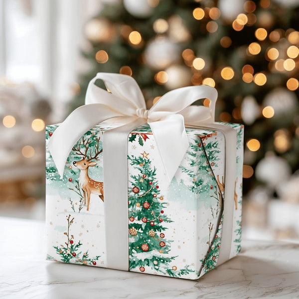 Snowy Forest Christmas Wrapping Paper, Watercolor Reindeer Wrapping Paper, Winter Tree Gift Wrap, Holiday Present Wrapping Pa