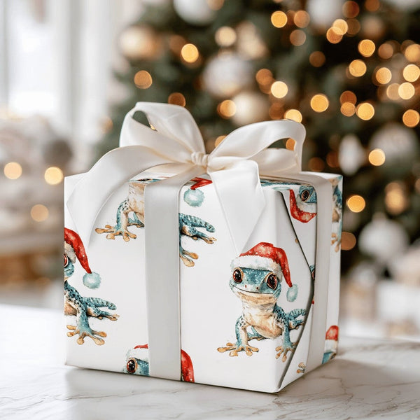 Santa Hat Lizard Gift Wrap Roll, Adorable Gecko Christmas Wrapping Paper, Watercolor Animal Wrapping Paper, Reptile Lover Hol