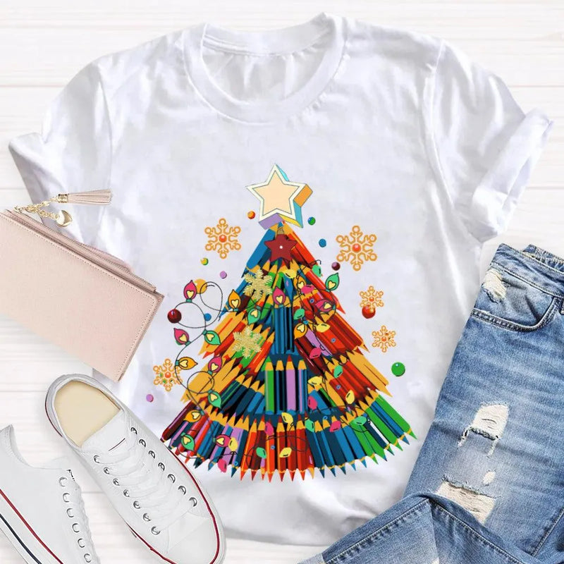 Crayon Christmas Tree Shirt, Art Teacher Christmas T-Shirt, Colorful Art Educator Holiday Graphic Tee, Snowflakes Lights Teacher Present