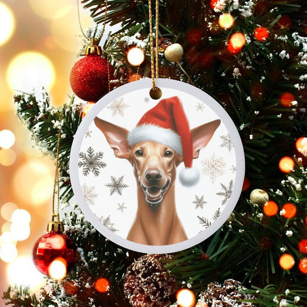 Santa Hat Dog Ornament, Pharaoh Hound Christmas Ornament, Ceramic Pharaoh Hound Holiday Decor, Dog Lover Tree Ornament Keepsa