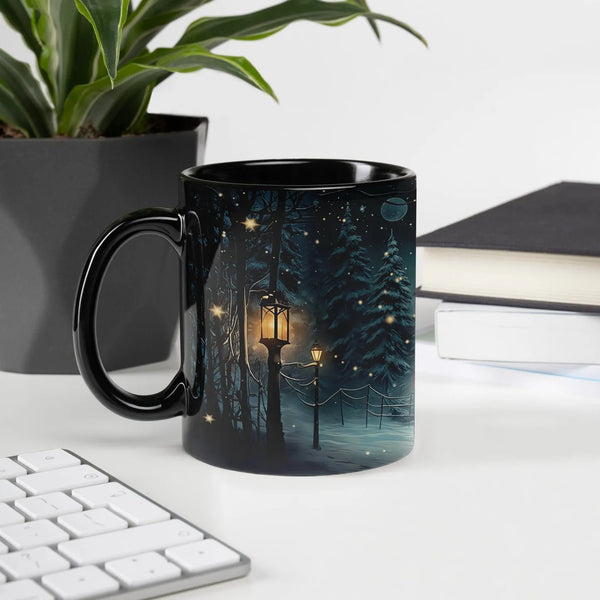 Glowing Lanterns Snowy Pine Trees Coffee Mug, Enchanted Winter Forest Ceramic Mug, Comfy Landscape Tea Cup, Christmas Holiday