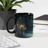 Glowing Lanterns Snowy Pine Trees Coffee Mug, Enchanted Winter Forest Ceramic Mug, Comfy Landscape Tea Cup, Christmas Holiday Present Mug