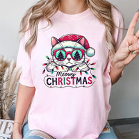 Humorous Cat Santa Hat Shirt, Meowy Christmas T-Shirt, Adorable Holiday Kitten Tee, Retro Christmas Cat Graphic Tee, Xmas Present for Cat Lovers