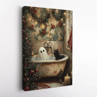 Holiday Bathtub Scene Poster, Ghost and Black Cat Christmas Canvas Wall Art, Spooky Festive Cat Decor, Digital Download