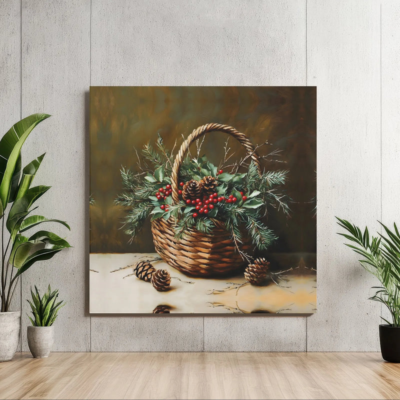 Winter Still Life Painting Canvas, Christmas Basket Square Canvas, Rustic Holiday Wall Art Canvas Print, Festive Christmas Home Decor