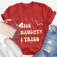 Humorous Family Christmas Holiday Shirt, Nice Naughty List Santa Hat Candy Cane T-Shirt, Christmas List Humor Tee, Adorable Christmas T-Shirt