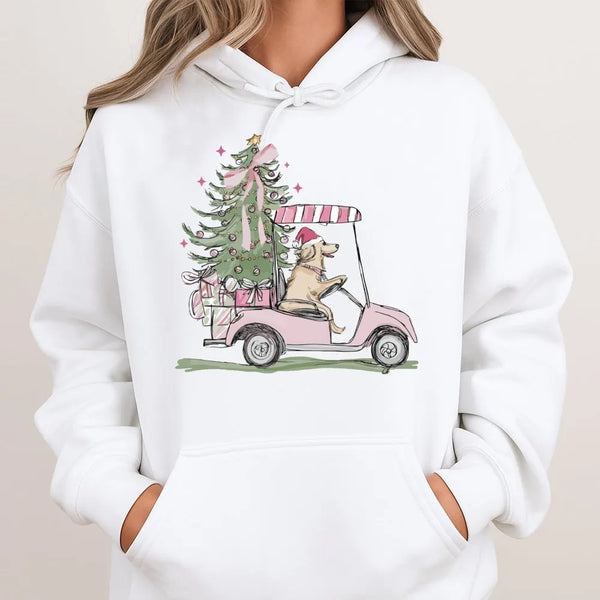 Pink Golf Cart Christmas Hoodie, Christmas Golden Retriever Hoodie, Festive Dog Lover Hooded Sweatshirt, Adorable Golfer Holi