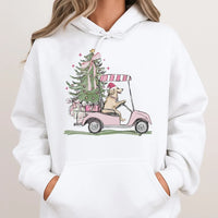 Pink Golf Cart Christmas Hoodie, Christmas Golden Retriever Hoodie, Festive Dog Lover Hooded Sweatshirt, Adorable Golfer Holiday Pullover