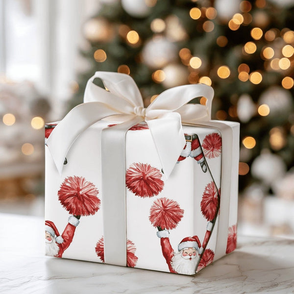 Humorous Santa Claus Gift Wrap, Cheerleader Santa Wrapping Paper, Red Pom Pom Christmas Wrapping Paper, Humorous Holiday Gift