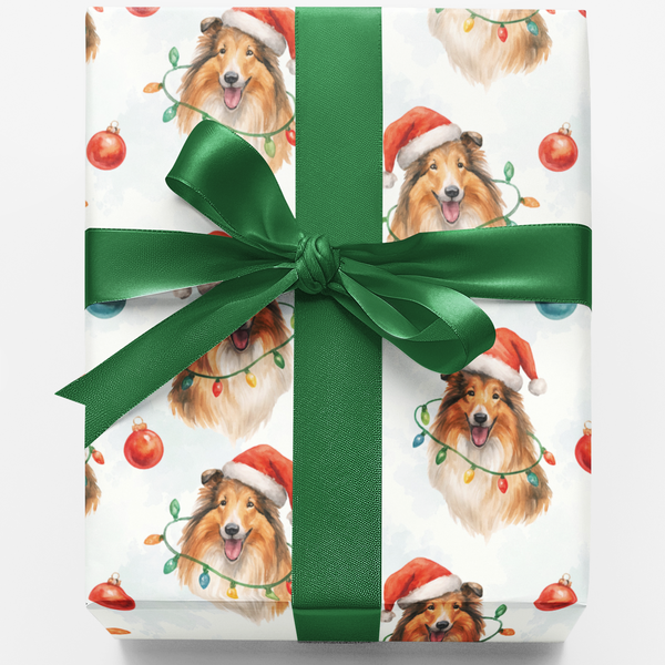 Santa Hat Collie Gift Wrap, Collie Dog Christmas Wrapping Paper, Adorable Collie Holiday Wrapping Paper, Dog Lover Xmas Prese