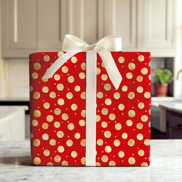 Metallic Dot Holiday Gift Wrap, Red and Gold Polka Dot Wrapping Paper, Festive Christmas Wrapping Paper Roll, Elegant Birthda