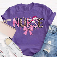 Nurse Christmas Shirt, School Nurse Santa Hat Pink Bow Shirt, Festive Holiday Medical Tee, Adorable Coquette Nurse Graphic Shirt