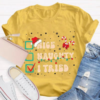 Humorous Family Christmas Holiday Shirt, Nice Naughty List Santa Hat Candy Cane T-Shirt, Christmas List Humor Tee, Adorable Christmas T-Shirt
