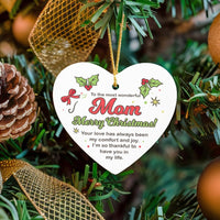 Ceramic Keepsake Holiday Ornament, Merry Christmas Mom Heart Ornament, White Ceramic Christmas Tree Ornament, Meaningful Present for Mother