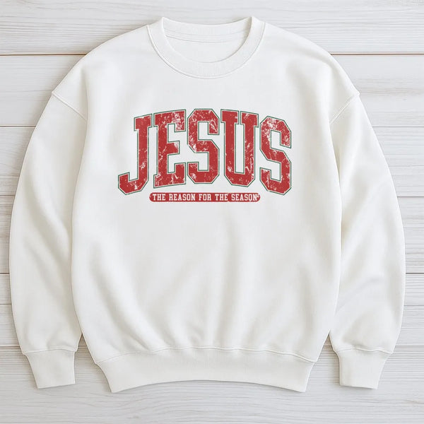 Christian Christmas Crewneck, Jesus Is the Reason for the Season Sweatshirt, Distressed Varsity Holiday Sweater, Faith Winter
