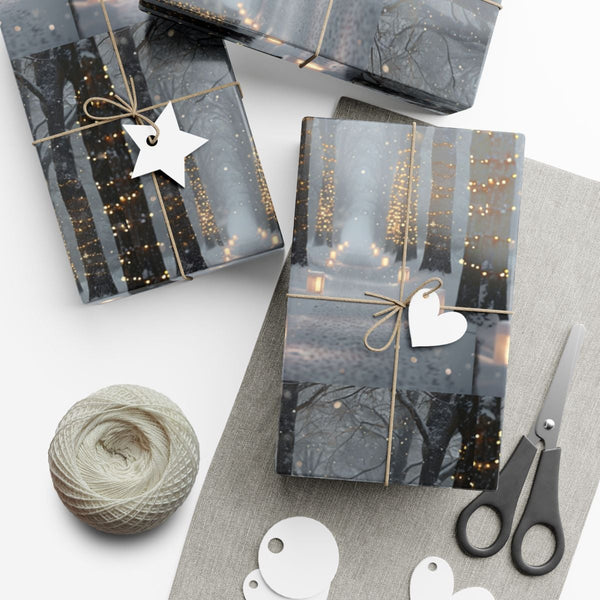 Snowy Woodland Path Gift Wrap, Winter Forest Wrapping Paper, Fairy Lights Holiday Gift Wrapping Paper, Elegant Christmas Pape