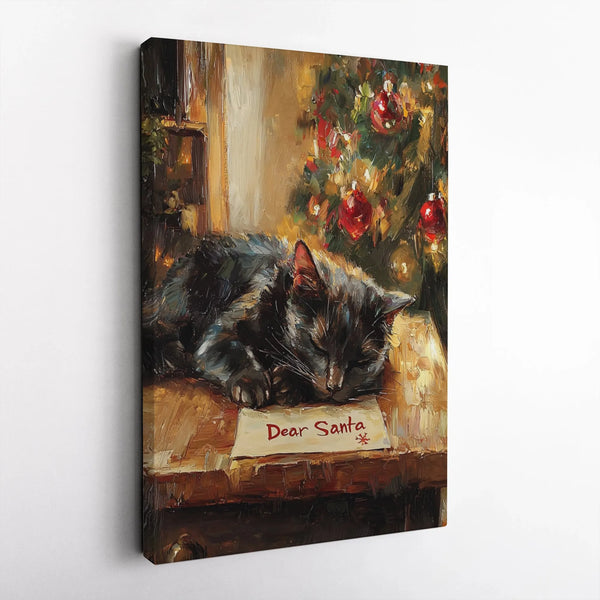 Sleeping Black Cat Santa Letter Canvas Print, Christmas Cat Canvas Wall Art, Adorable Holiday Cat Wall Art, Festive Winter An