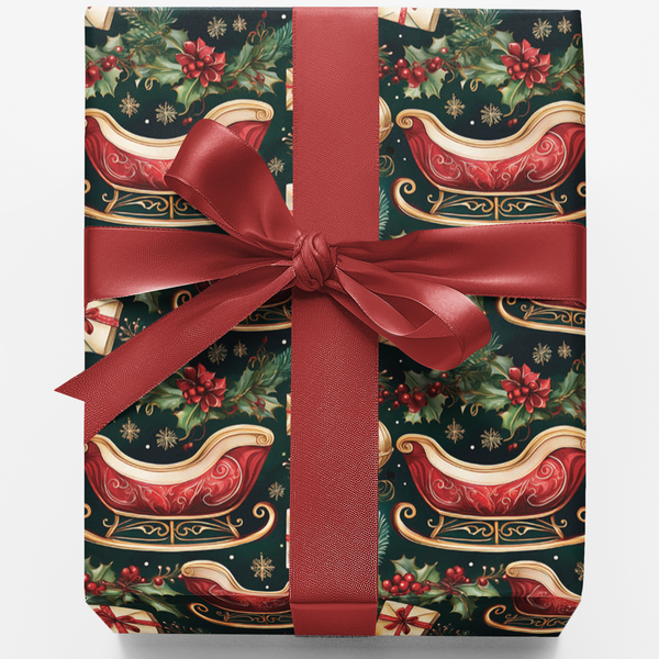 Red Gold Holiday Gift Wrap, Gilded Sleigh Christmas Wrapping Paper, Festive Sleigh Wrapping Paper, Vintage Christmas Present 