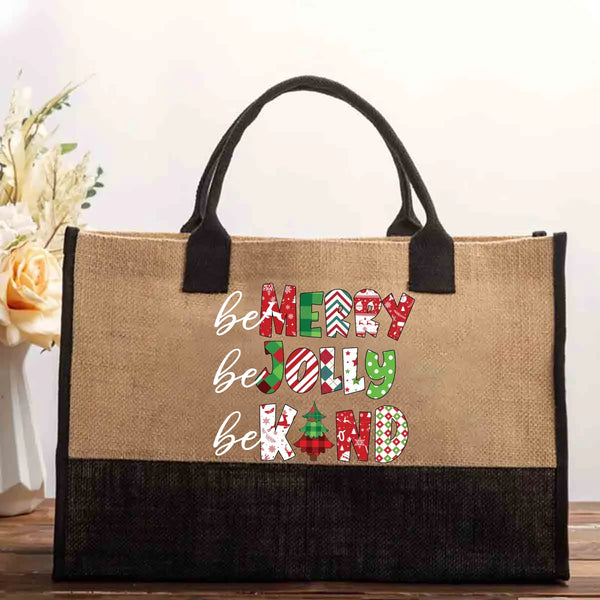 Retro Holiday Christmas Tote Bag, Be Merry Be Jolly Be Kind Cotton Tote Bag, Festive Winter Slogan Shopper, Daily Canvas Shou
