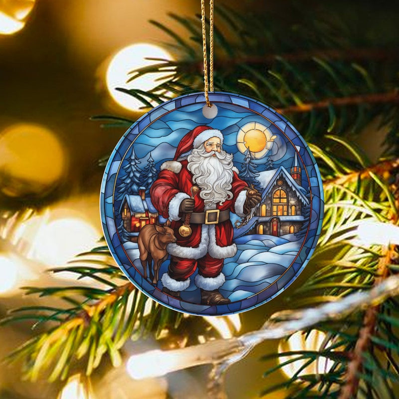 Winter Village Santa Ornament, Stained Glass Santa Ornament, Ceramic Christmas Tree Ornament, Holiday Keepsake Decoration, Xmas Family Present