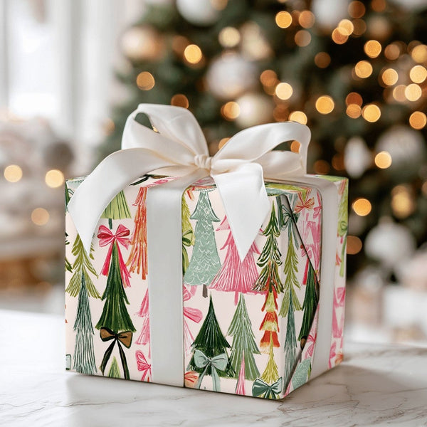 Whimsical Bow Tree Gift Wrap, Colorful Christmas Tree Wrapping Paper, Pink Orange Holiday Present Paper, Modern Christmas Gif