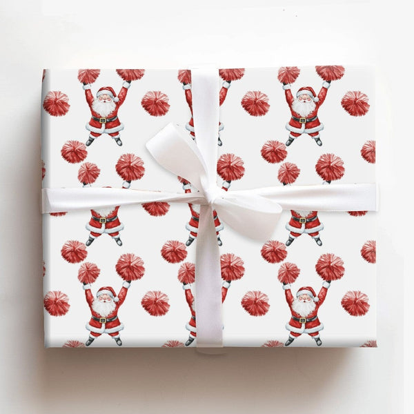 Humorous Santa Claus Gift Wrap, Cheerleader Santa Wrapping Paper, Red Pom Pom Christmas Wrapping Paper, Humorous Holiday Gift