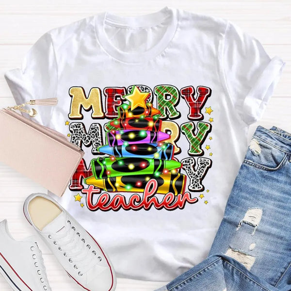 Colored Pencil Tree Holiday Graphic Tee, Christmas Teacher T-Shirt, Festive Teacher Shirt, Winter Break Elementary Educator A