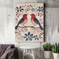 Red Berry Snowflake Canvas Print, Winter Birds Canvas Wall Art, Folk Art Christmas Wall Canvas, Holiday Farmhouse Seasonal Home Decor Present
