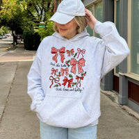 Festive Bow Graphic Sweatshirt, Deck the Halls Christmas Bows Hoodie, Coquette Holiday Hooded Pullover, Adorable Christmas Apparel Present