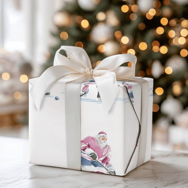 Sports Christmas Gift Wrap, Hockey Santa Claus Wrapping Paper, Watercolor Skating Santa Wrapping Paper, Winter Sports Holiday