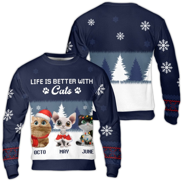 Life is Better with Cats Christmas Sweater, Personalized Cat Ugly Christmas Sweater, Custom Pet Holiday Sweater