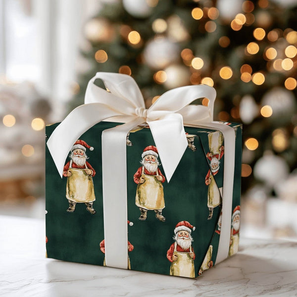 Craftsman Santa in Apron Gift Wrap, Baker Santa Claus Wrapping Paper, Toymaker Christmas Paper, Dark Green Holiday Present Wr
