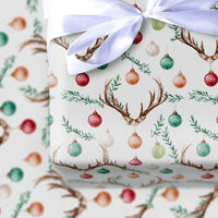 Rustic Holiday Ornament Gift Wrap, Deer Antler Christmas Wrapping Paper, Farmhouse Woodland Wrapping Paper, Festive Winter Gift Wrap Roll