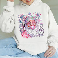 Bubble Gum Santa Hooded Sweatshirt, Disco Santa Christmas Hoodie, Pink Retro Holiday Pullover, Trendy Xmas Sweater for Women