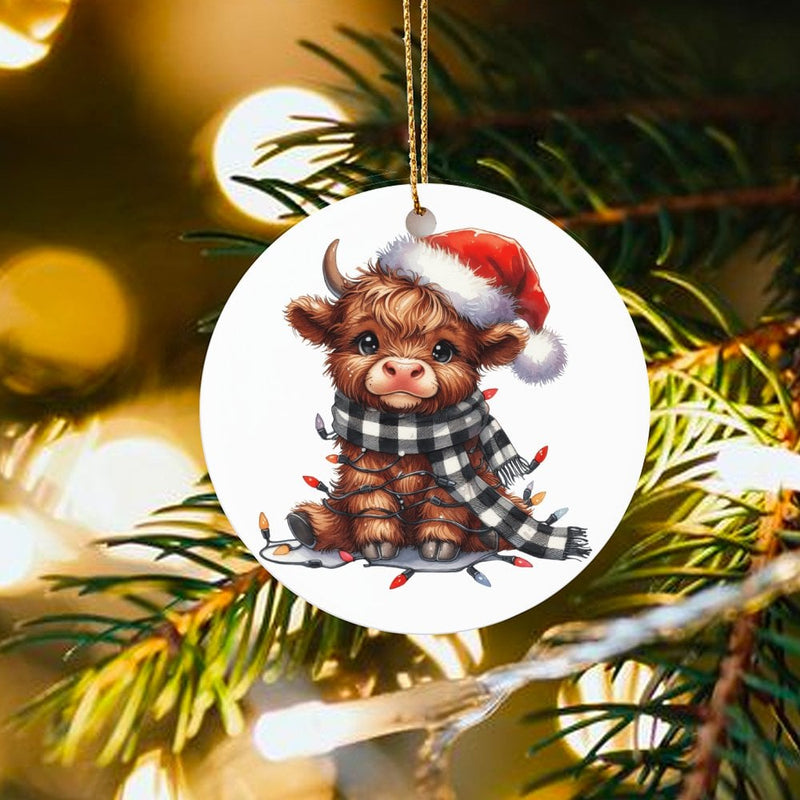 Santa Hat Calf Ceramic Ornament, Baby Highland Cow Christmas Ornament, Plaid Scarf Farm Animal Ornament, Festive Tree Decor, Holiday Present