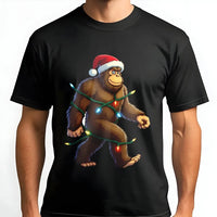 Humorous Sasquatch Santa Hat Shirt, Bigfoot Christmas T-Shirt, Retro Bigfoot Holiday Lights Tee, Adorable Bigfoot Xmas Shirt, Sasquatch Present Tee