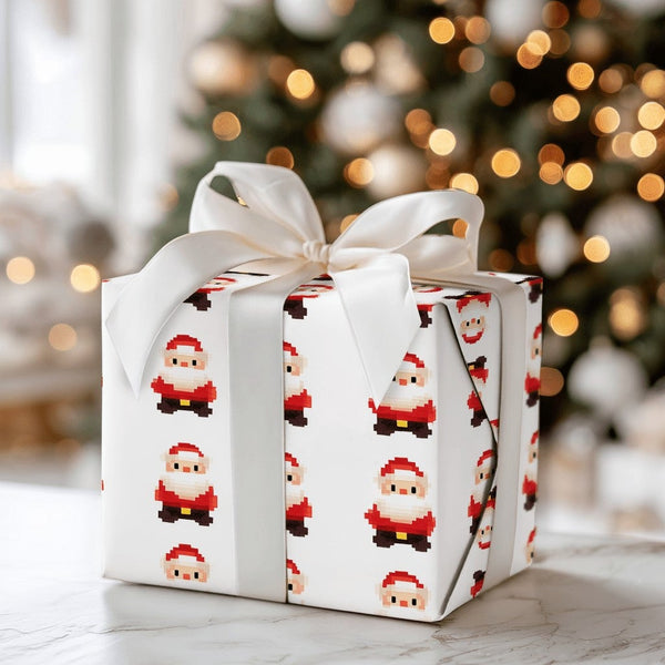 Pixel Art Retro Christmas Gift Wrap, 8-Bit Santa Wrapping Paper, Video Gamer Holiday Wrapping Paper, Vintage Gaming Festive G