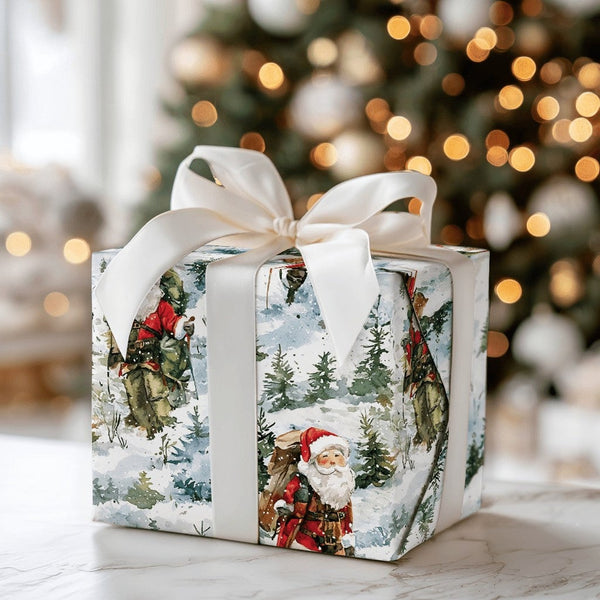 Snowy Forest Father Christmas Gift Wrap, Vintage Santa Wrapping Paper, Rustic Winter Holiday Wrapping Paper, Traditional Chri